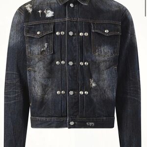 THUG CLUB Burn Down Distressed Dark Wash Denim Jacket with Stud Details